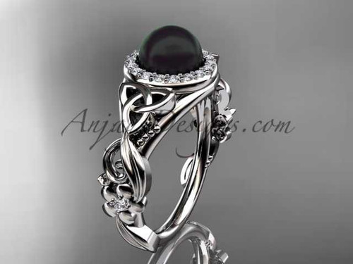 Halo Black Pearl Wedding Rings Celtic Trinity Knot Diamond Platinum Engagement Ring CTBP7300