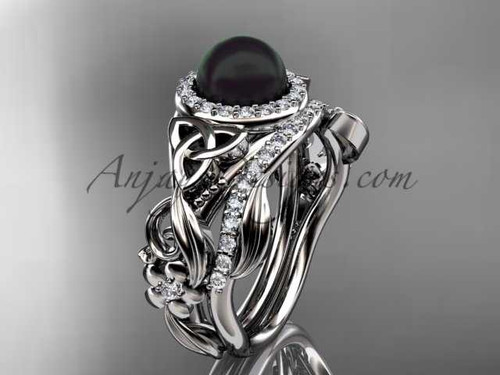 14kt White Gold Black Pearl Rings Triquetra Celtic Diamond Halo Engagement Ring Set CTBP7300S