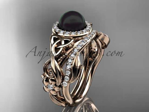 14kt Rose Gold Black Pearl Rings Triquetra Celtic Diamond Halo Engagement Ring Set CTBP7300S