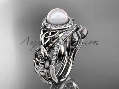 14kt White Gold Pearl Halo Engagement Rings Triquetra Celtic Diamond Wedding Ring Set CTP7300S