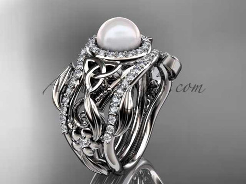 Double Band Pearl Halo Engagement Rings Platinum Triquetra Celtic Bridal Ring Set CTP7300S