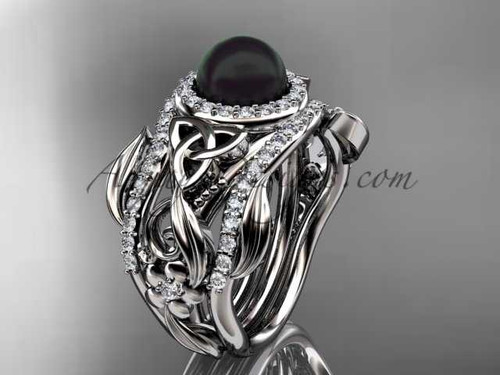 Black Pearl Double Band Halo Wedding Rings 14kt White Gold Triquetra Celtic Bridal Ring Set CTBP7300S