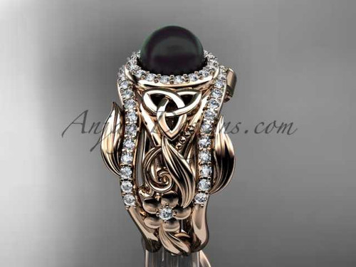 Black Pearl Double Band Halo Wedding Rings 14kt Rose Gold Triquetra Celtic Bridal Ring Set CTBP7300S