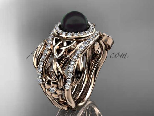 Black Pearl Double Band Halo Wedding Rings 14kt Rose Gold Triquetra Celtic Bridal Ring Set CTBP7300S