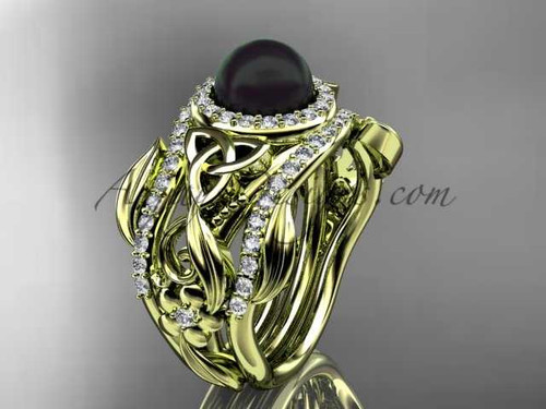 Black Pearl Double Band Halo Wedding Rings 14kt Yellow Gold Triquetra Celtic Bridal Ring Set CTBP7300S