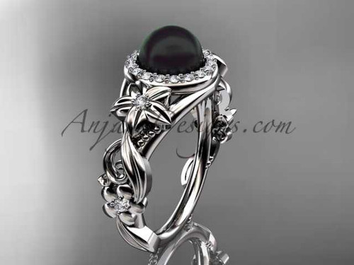 Black Pearl Unique Engagement Ring Platinum Diamond Wedding Ring ABP300