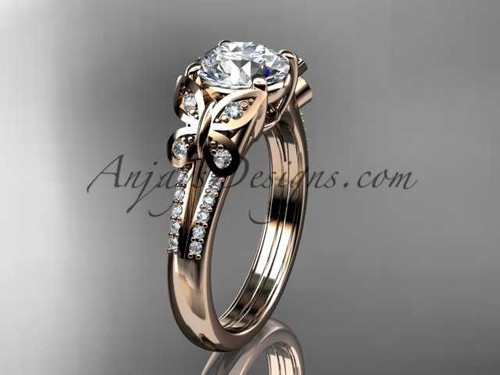 14kt rose gold diamond unique engagement ring, butterfly ring, wedding ring with a "Forever One" Moissanite center stone ADLR514
