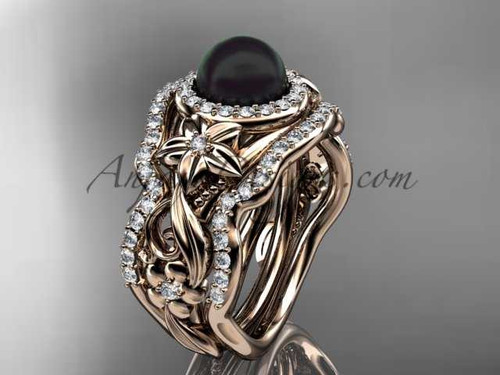 Black Pearl Diamond Matching Engagement Rings 14kt Rose Gold Unique Halo Wedding Ring ABP300S