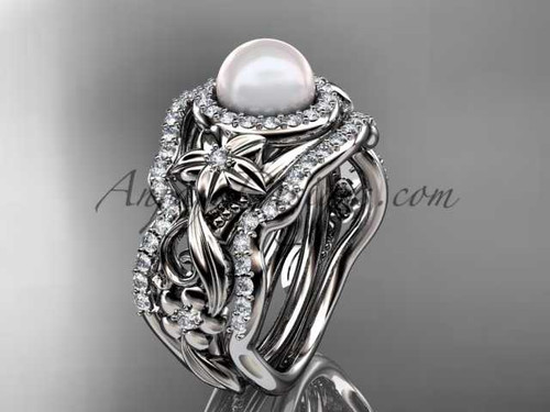 Halo Diamond Pearl Matching Engagement Rings 14kt White Gold Unique Wedding Ring AP300S