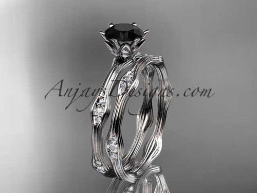 platinum diamond wedding ring, engagement ring, engagement set with a Black Diamond center stone ADLR132S