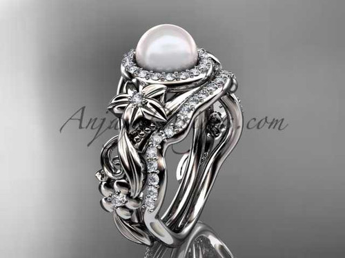 Halo Diamond Engagement Rings 14kt White Gold Unique Pearl Wedding Set AP300S