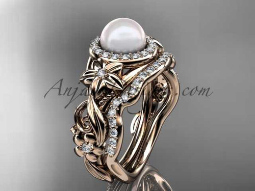 Halo Diamond Engagement Rings 14kt Rose Gold Unique Pearl Wedding Set AP300S