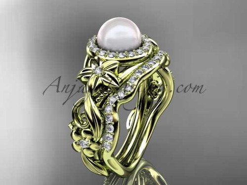 Halo Diamond Engagement Rings 14kt Yellow Gold Unique Pearl Wedding Set AP300S