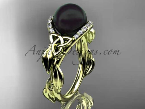 Black Pearl Engagement Rings 14kt Yellow Gold Celtic Trinity Knot Wedding Ring, Leaf Pearl Engagement Ring CTBP7326