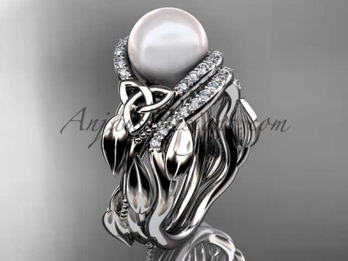 Diamond Bridal Set Platinum Celtic Trinity Knot Wedding Set, Leaf Pearl Engagement Ring CTP7326S