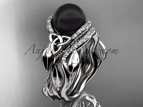 Black Pearl Wedding Set 14kt White Gold Celtic Trinity Knot Bridal Set, Leaf Diamond Engagement Ring CTBP7326S