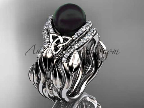 Leaf Diamond Black Pearl engagement and wedding ring set 14kt White Gold Celtic Trinity Knot Wedding Set CTBP7326S