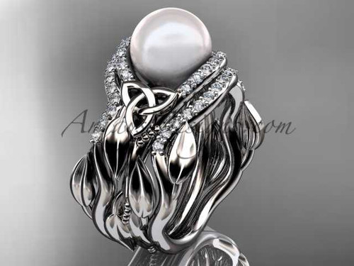 Leaf Diamond Pearl engagement and wedding ring set 14kt White Gold Celtic Trinity Knot Wedding Set CTP7326S