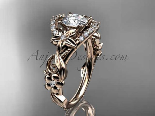 14k rose gold flower diamond unique engagement ring with a "Forever One" Moissanite center stone ADLR211