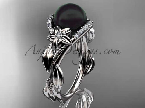 Black Pearl and Diamond Engagement Rings Unique 14kt White gold Wedding Ring ABP326