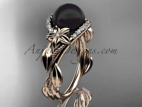 Black Pearl and Diamond Engagement Rings Unique 14kt Rose gold Wedding Ring ABP326