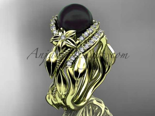 Unique 14kt Yellow gold Wedding Sets Black Pearl and Diamond Engagement Rings ABP326S