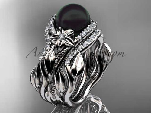 Unique Platinum Black Pearl and Diamond Engagement Ring with Double Wedding Band ABP326S