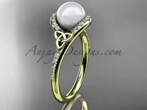 Irish Pearl Engagement Rings 14kt Yellow Gold Diamond Celtic Trinity Knot Wedding Ring CTP7317