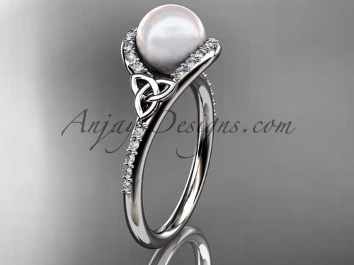 Irish Pearl Engagement Rings Platinum Diamond Celtic Trinity Knot Wedding Ring CTP7317
