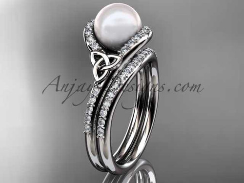Pearl Celtic Wedding Set 14kt White Gold Diamond Irish Trinity Knot Engagement Ring CTP7317S