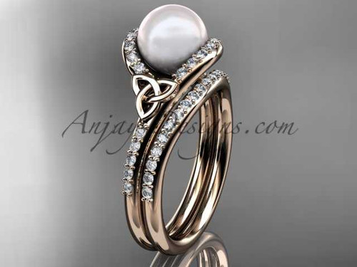 Pearl Celtic Wedding Set 14kt Rose Gold Diamond Irish Trinity Knot Engagement Ring CTP7317S