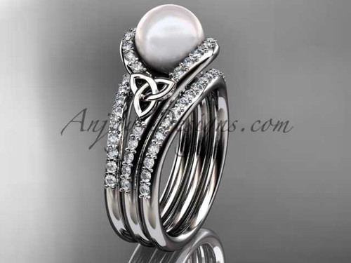 Pearl Celtic Double Band Engagement Ring 14kt White Gold Diamond Irish Trinity Knot Wedding Ring CTP7317S