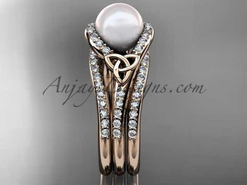 Pearl Celtic Double Band Engagement Ring 14kt Rose Gold Diamond Irish Trinity Knot Wedding Ring CTP7317S Pearl Celtic Double Band Engagement Ring 14kt Rose Gold Diamond Irish Trinity Knot Wedding Ring CTP7317S