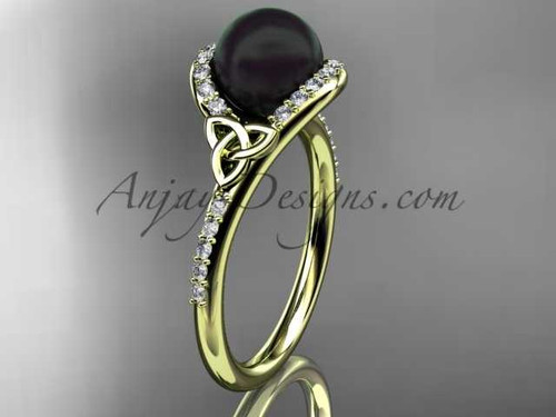 Irish Black Cultured Pearl Engagement Rings 14kt Yellow Gold Diamond Celtic Trinity Knot Wedding Ring CTBP7317