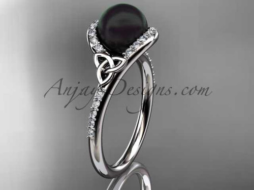 Irish Black Cultured Pearl Engagement Rings Platinum Diamond Celtic Trinity Knot Wedding Ring CTBP7317