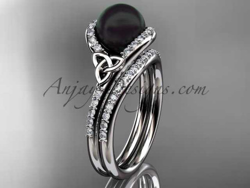 Black Cultured Pearl Celtic Wedding Set 14kt White Gold Diamond Irish Trinity Knot Engagement Ring CTBP7317S