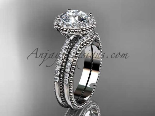 Vintage halo engagement rings 14kt white gold diamond unique wedding set ADER95S
