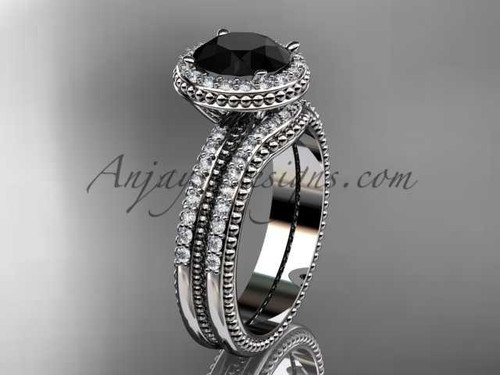 Vintage halo engagement rings Black Diamond center stone 14kt white gold diamond wedding set ADER95S