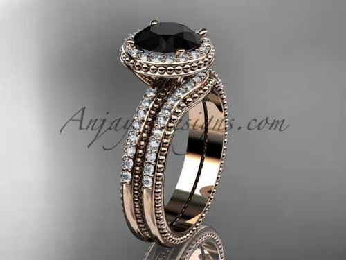 Vintage halo engagement rings Black Diamond center stone 14kt rose gold diamond wedding set ADER95S