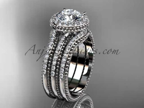 Double band engagement ring 14kt white gold diamond unique vintage halo wedding set ADER95S