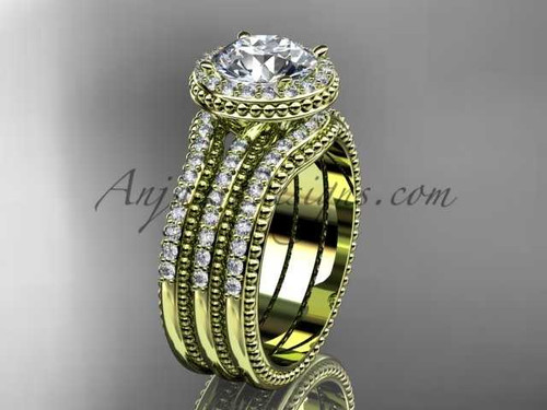 Double band engagement ring 14kt yellow gold diamond unique vintage halo wedding set ADER95S
