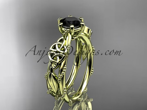 14kt yellow gold celtic trinity knot engagement ring , wedding ring with a Black Diamond center stone CT766