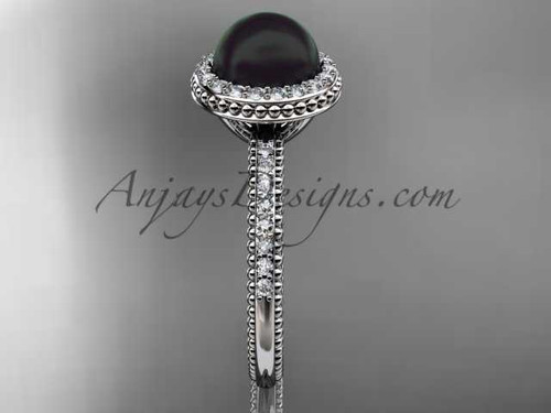 Black pearl antique engagement rings 14kt white gold diamond halo engagement ring ABP95