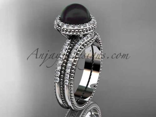 Awesome Black pearl wedding set 14kt white gold diamond halo engagement ring ABP95S