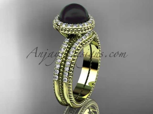 Awesome Black pearl wedding set 14kt yellow gold diamond halo engagement ring ABP95S