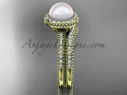 Ladies wedding ring sets pearl 14kt yellow gold diamond halo engagement ring AP95S