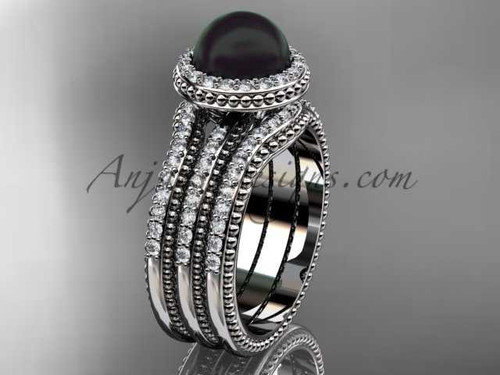 Black pearl diamond wedding sets 14kt white gold awesome halo engagement ring ABP95S