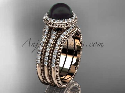 Black pearl diamond wedding sets 14kt rose gold awesome halo engagement ring ABP95S