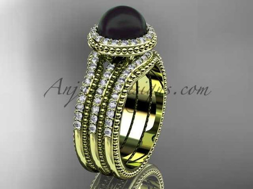 Black pearl diamond wedding sets 14kt yellow gold awesome halo engagement ring ABP95S