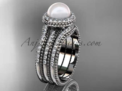 Pearl diamond wedding sets platinum awesome halo engagement ring AP95S